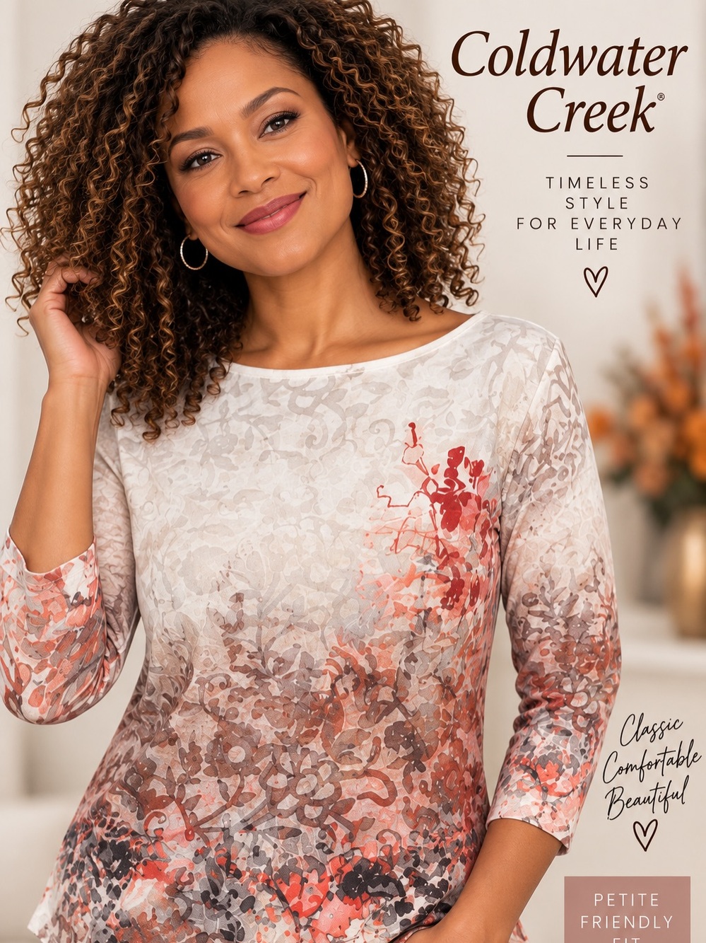 Coldwater Creek Ivory Floral Ombre 3/4 Sleeve Top with Rust Coral Accents Small